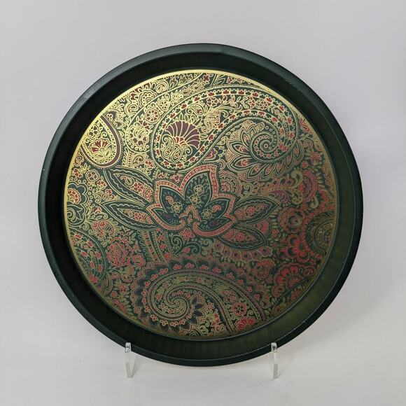 Vtg Tin Serving Tray 12" Green Gold Red Paisley Christmas Platter Cookie Tray - Picture 1 of 10